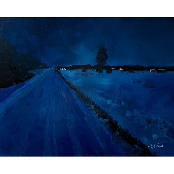 Original Oil Painting Landscape Winter Nocturne Blue Night Lights 8x10 Signed - Picture 1 of 7